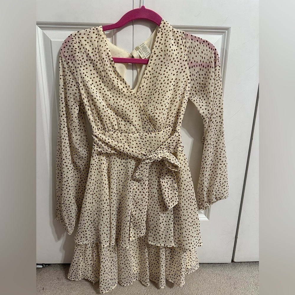 T.J.Maxx Beige Polka Dot Long Sleeve Dress